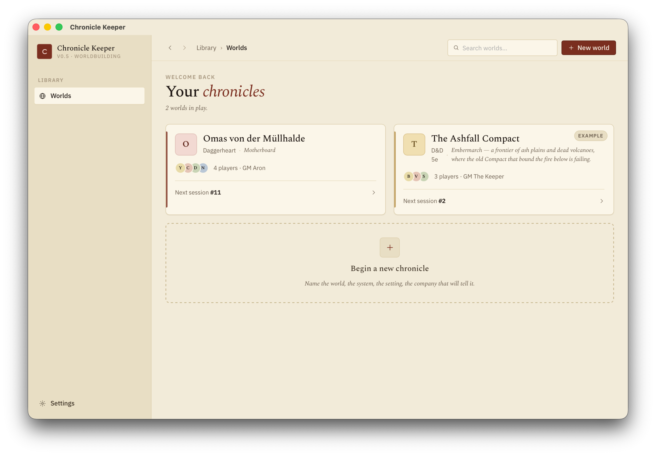 The worlds library, showing campaign cards