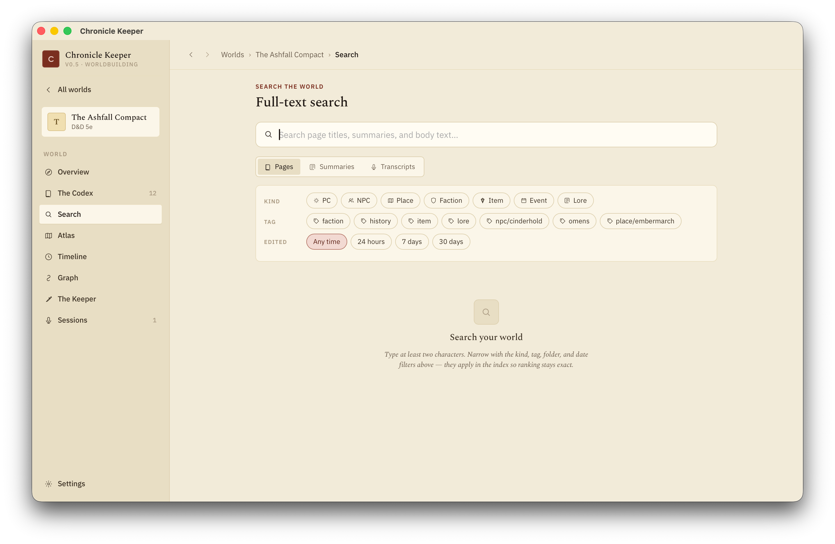 Full-text search with kind, tag and edited-date facets