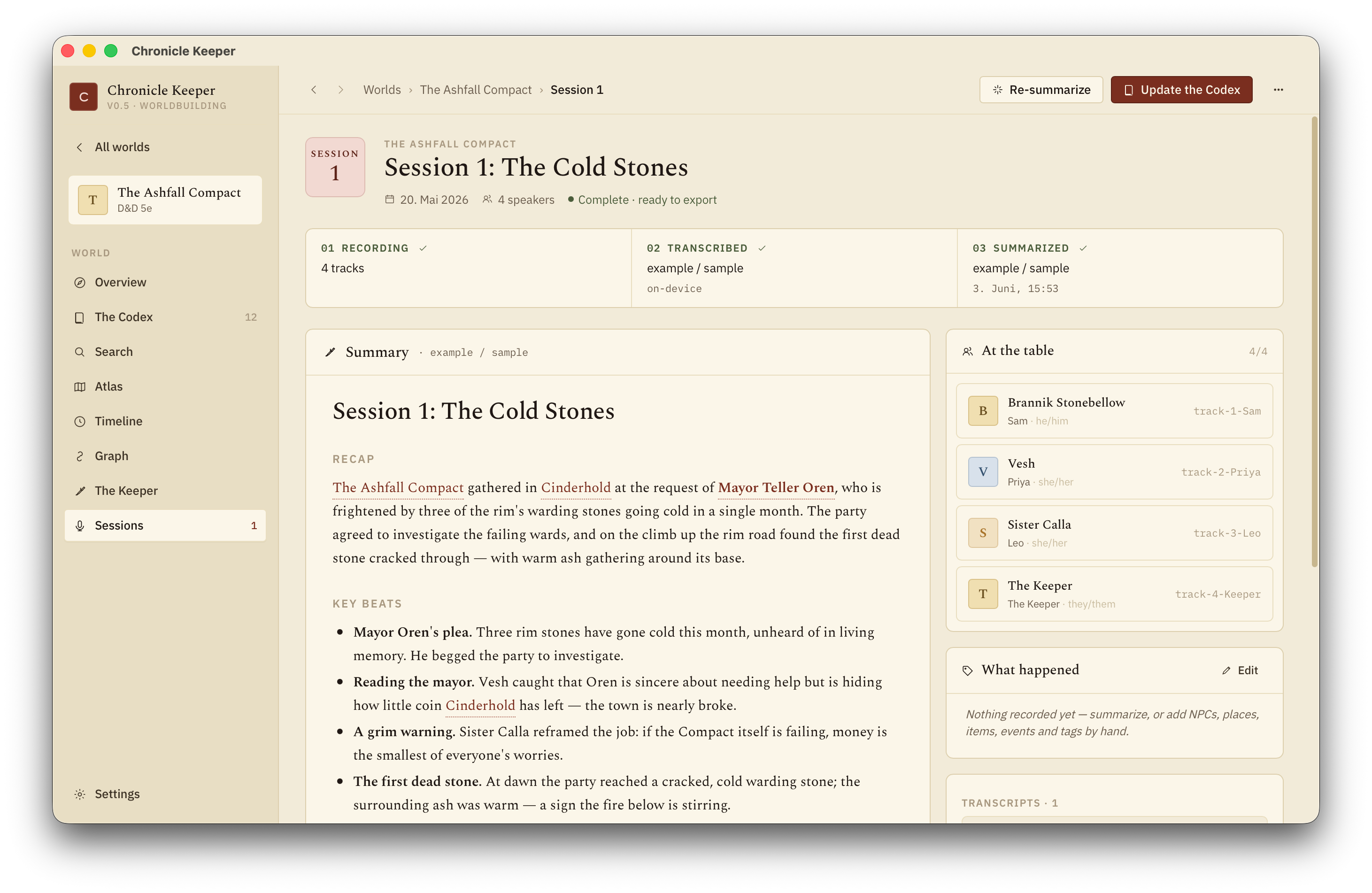 A session screen with recording, transcribed and summarized stages and an Update the Codex button